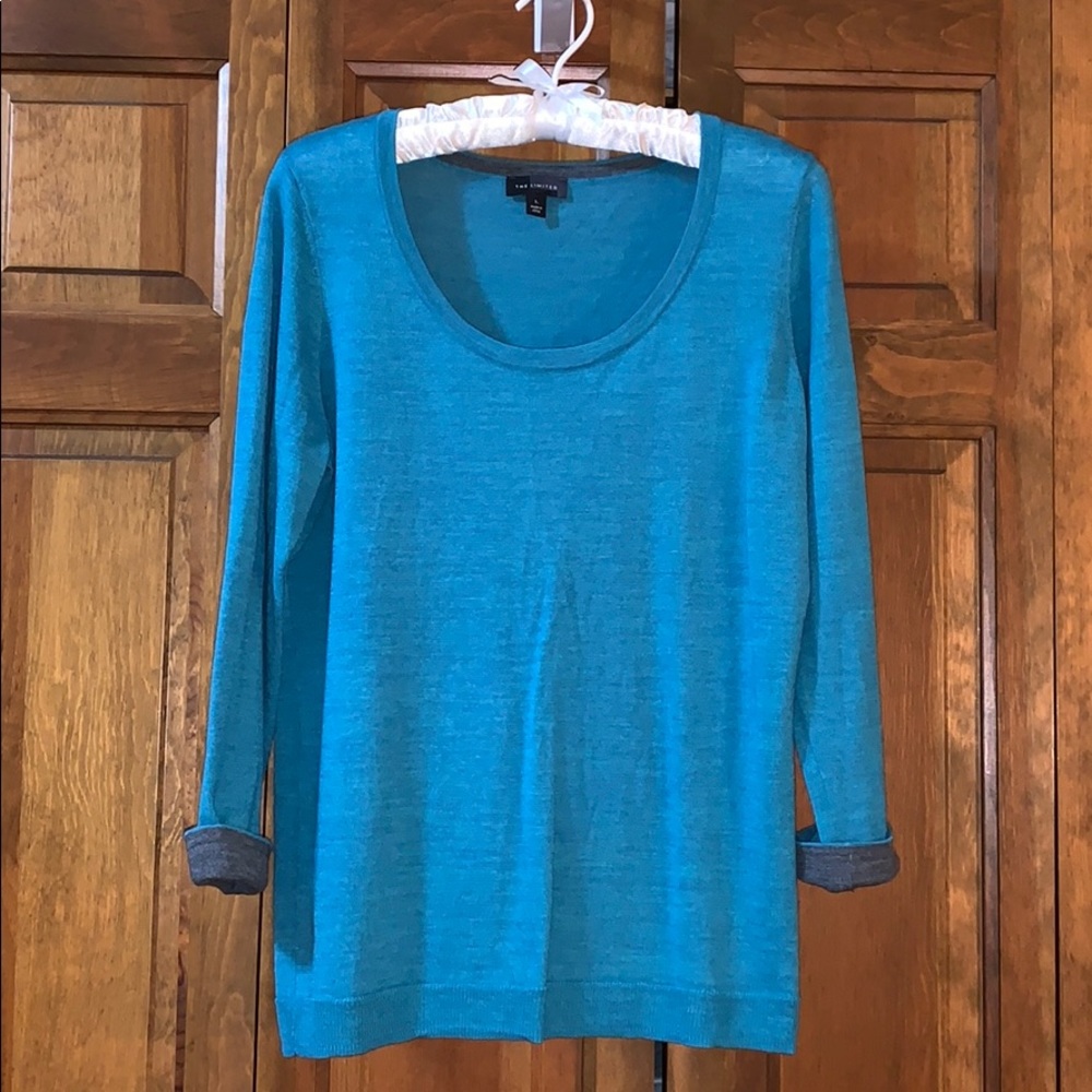 The Limited Teal and Gray 3/4 Length Rolled Sleeve Sweater Size L
